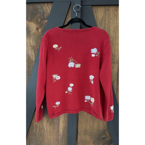 Vintage Eddie Bauer Red Chunky Knit Floral Cotton Sweater Women’s XL - Picture 2 of 6